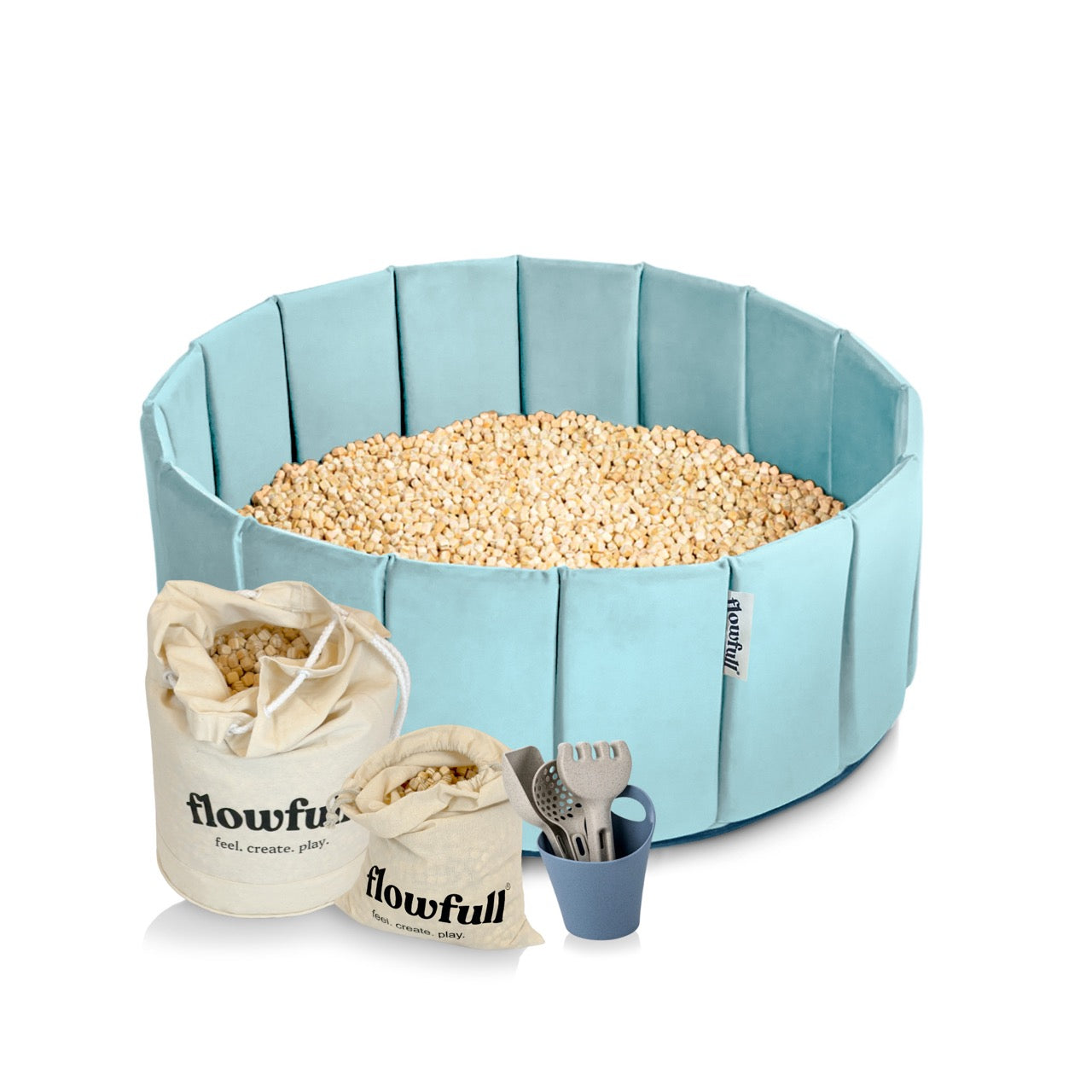 Flowfull® Sensorik-Würfelbecken – Set mit Kreativwürfeln + Werkzeug