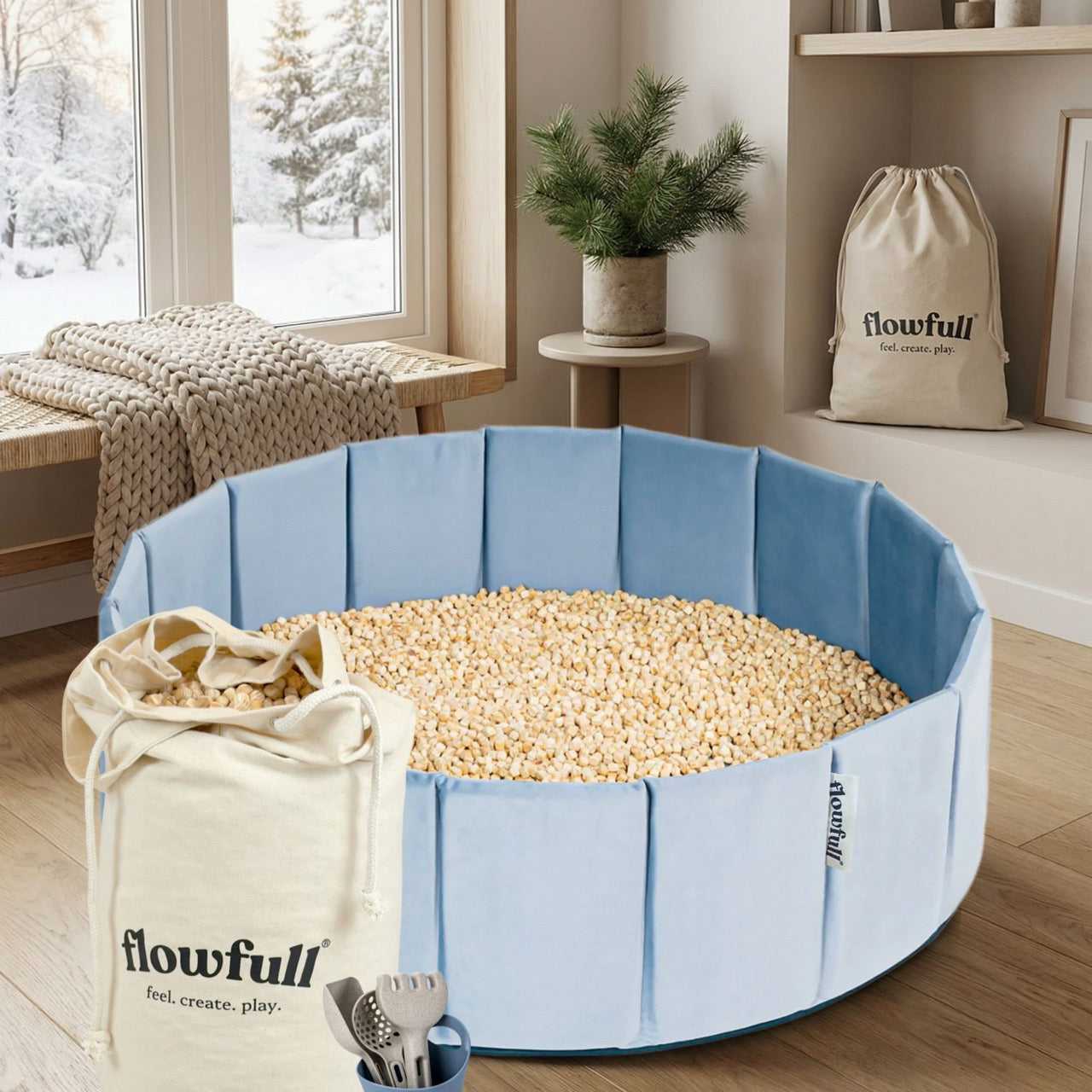 Flowfull® Sensorik-Würfelbecken – Set mit Kreativwürfeln + Werkzeug